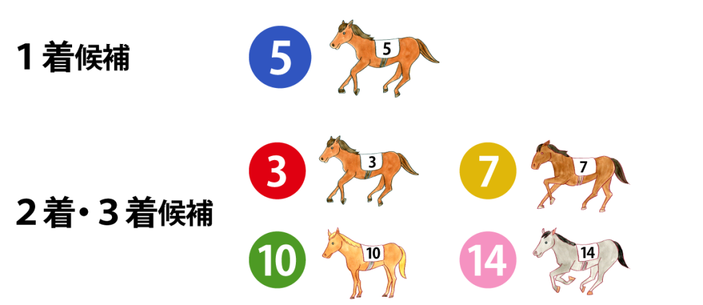 軸馬（１着）：５番 相手（２着・３着）：３番・７番・10番・14番